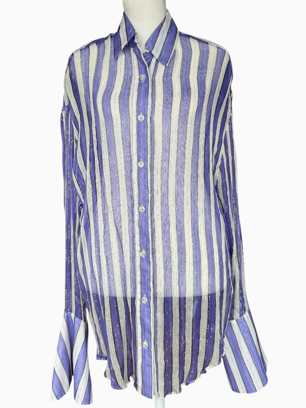 Caroline Constas Purple Striped Gold Button Front Sheer Silk Blouse Sz M